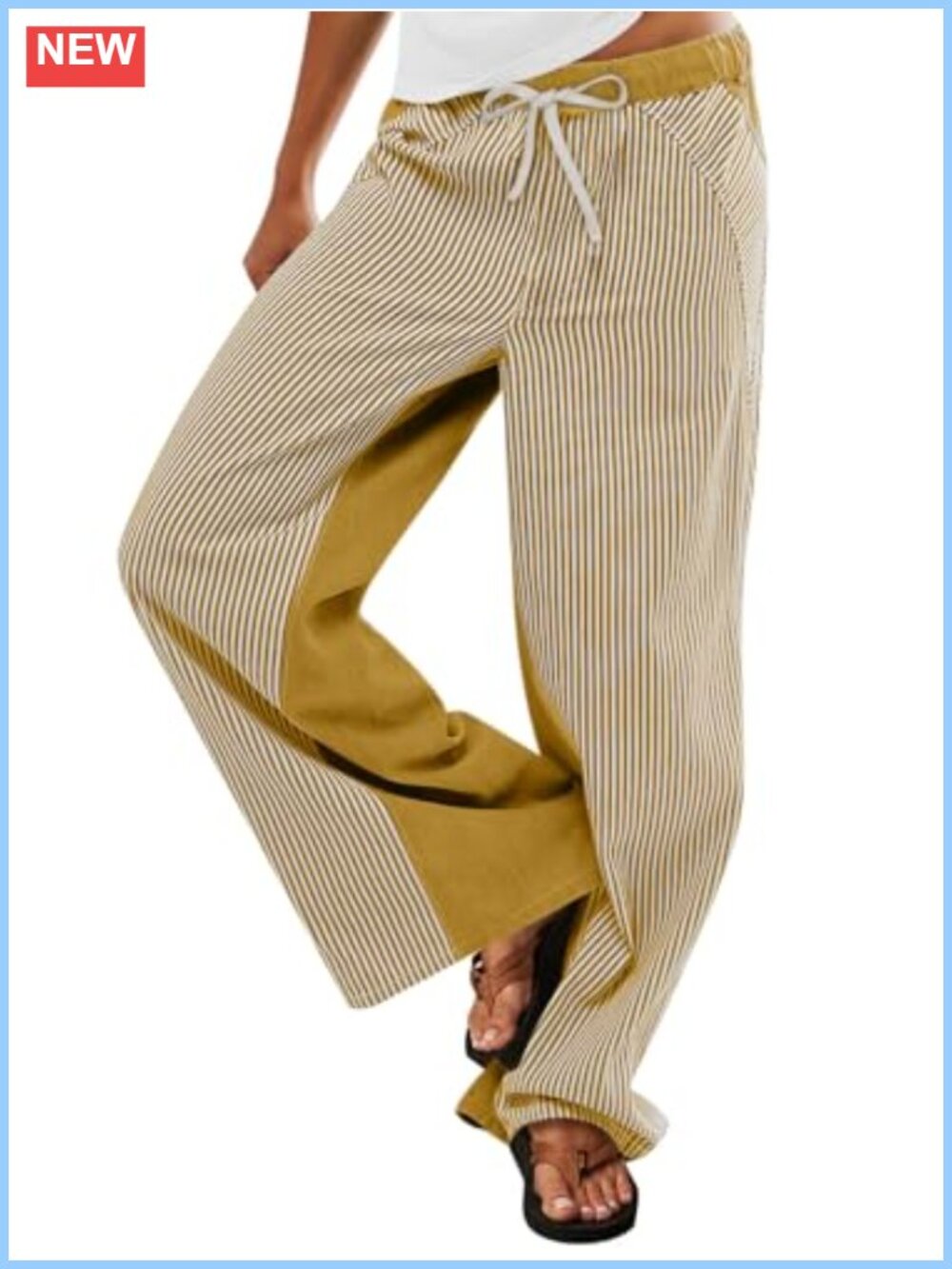 Women's Low Rise Striped Wide Leg Pants 100% Cotton Drawstring Boho Jeans
